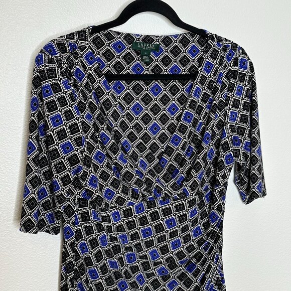 Lauren Ralph Lauren Faux Wrap Dress Size 12 Black Blue Geometric Print Career - Picture 3 of 8